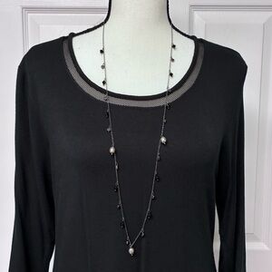 Wore once; Vintage long chain necklace w/grey/silver & black charm beads.